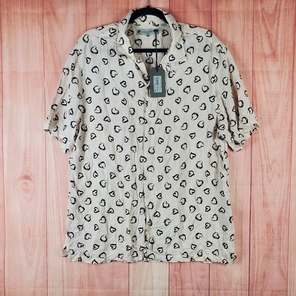 All Saints Romanza Shirt Mens 2XL Beige All Over Heart Print Viscose Camp Collar